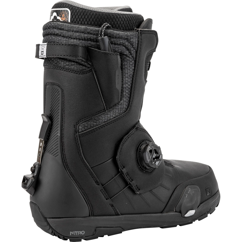 Back view of the Nitro Profile Step On TLS Snowboard Boots in Black colourway, men's model.