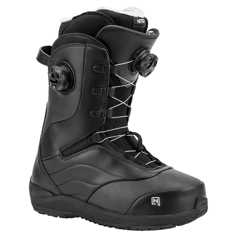 Front side view of the 2025 Nitro Crown Boa Snowboard Boots - Womens in Black