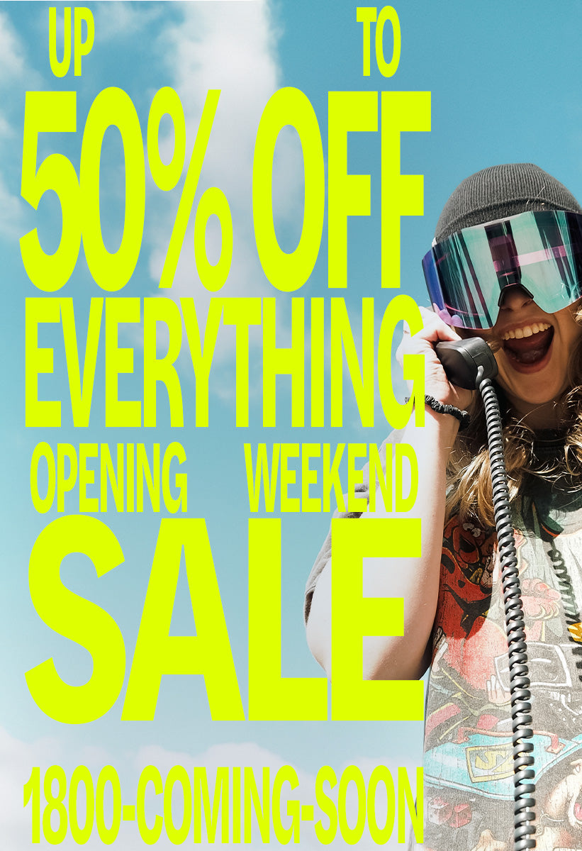 Promotional advertisement for a sale with a person wearing goggles and a helmet against a blue sky.