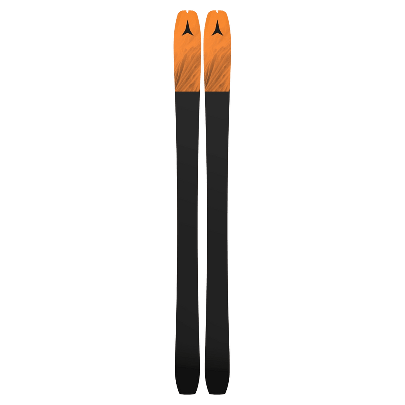 Base view of the Atomic 2027 Backland 95 Ski in Whiteout Black showing orange red tips and a black base