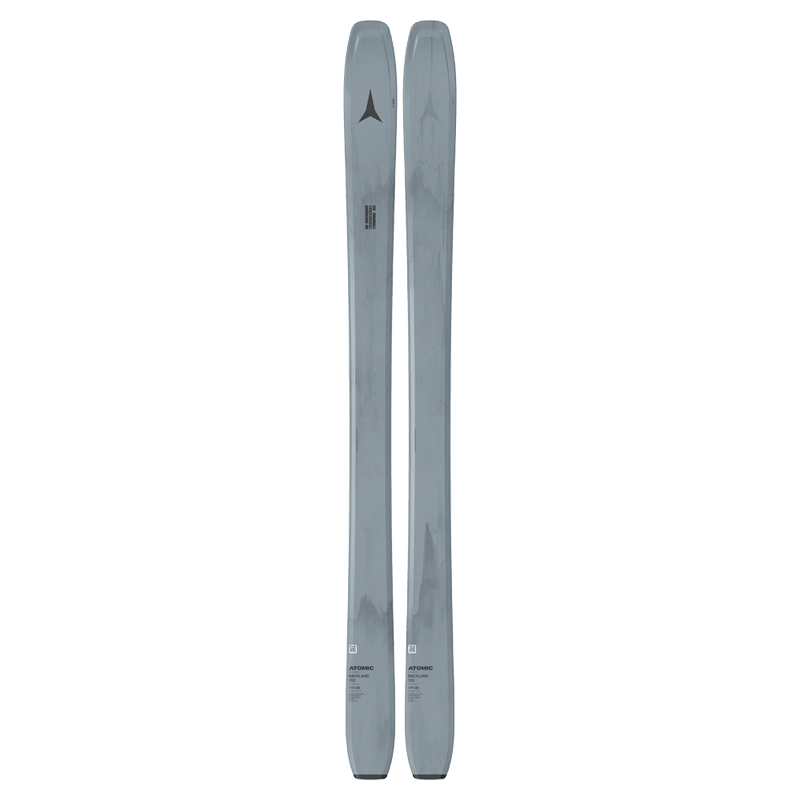 Top view of the Atomic 2027 Backland 102 Ski in Black featuring a washed black glossy topsheet with black branding