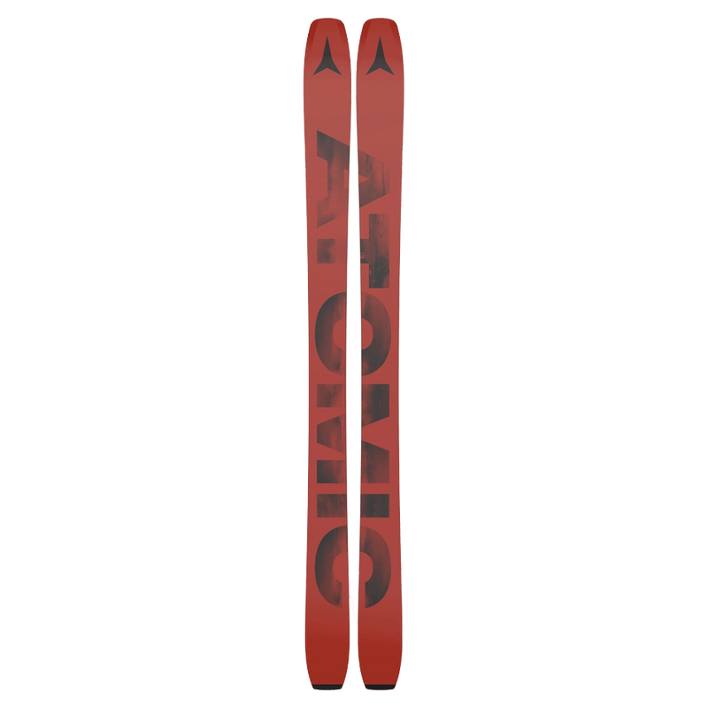 Base view of the Atomic 2027 Backland 102 Ski in Black featuring burnt red base with washed black branding