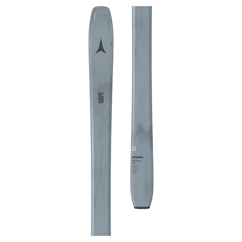 Tip and Tail view of the Atomic 2027 Backland 102 Ski in Black featuring a washed black glossy topsheet with black branding