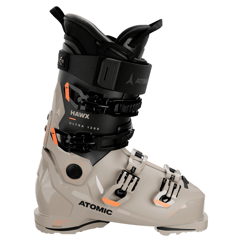 Side view of the Atomic Hawx Ultra 120 S GW Ski Boots in Cement Black Orange