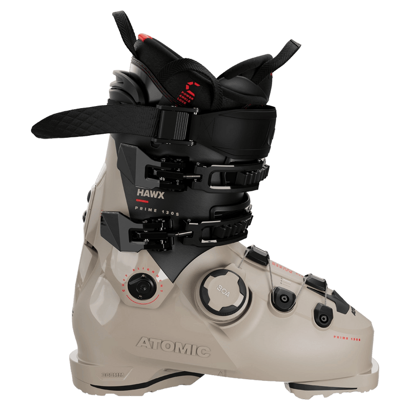 Side view of the Atomic Hawx Prime 130 S Boa GW Ski Boots in Cement Balck Red.