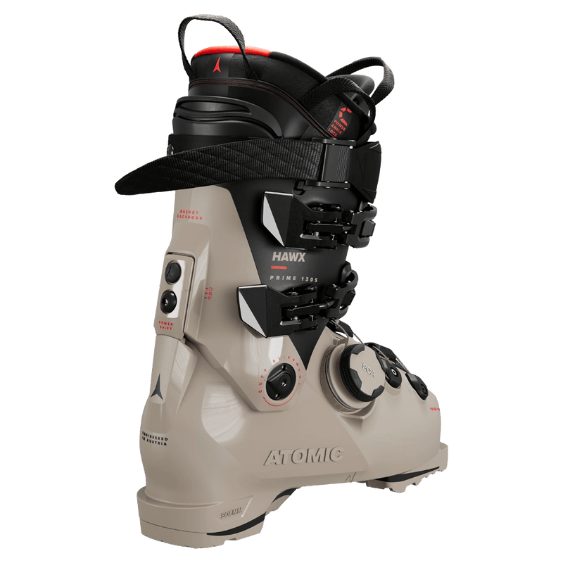 Rear view of the Atomic Hawx Prime 130 S Boa GW Ski Boots in Cement Balck Red.