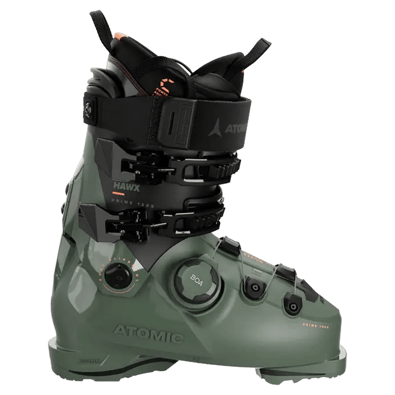 Side view of the Atomic Hawx Prime 120 S BOA Ski Boots in Army Green Black
