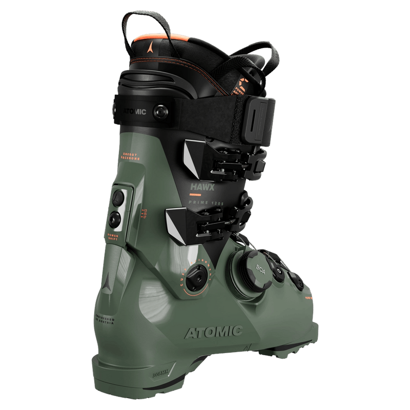 Rear view of the Atomic Hawx Prime 120 S BOA Ski Boots in Army Green Black