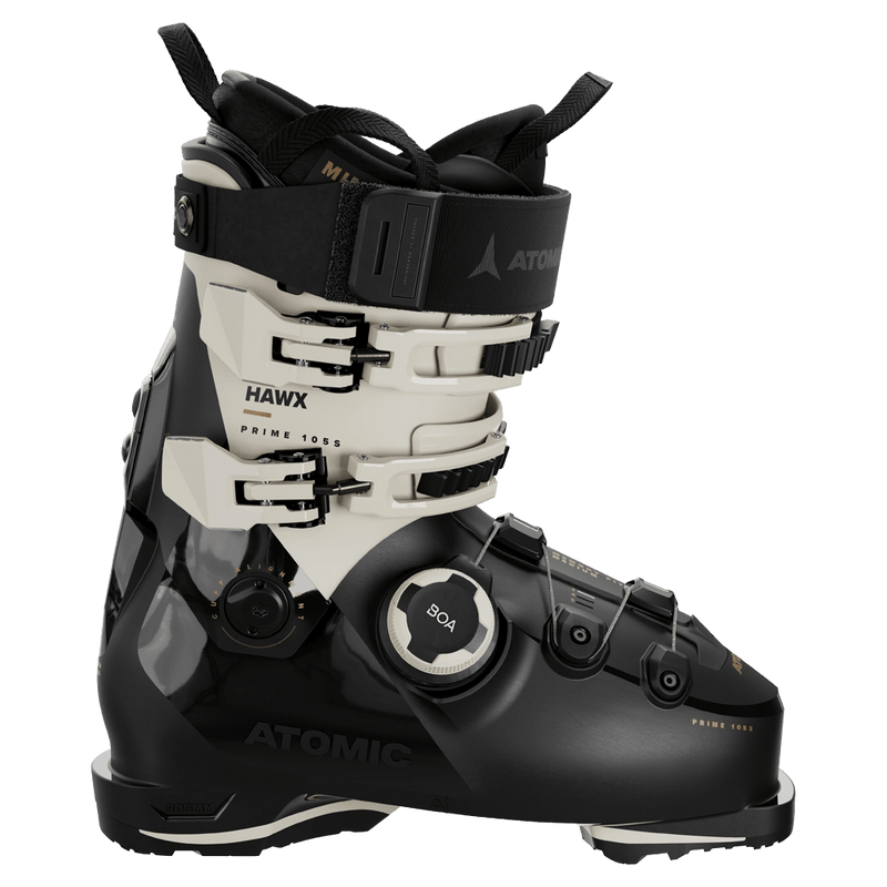 Side view of the Atomic Hawx Prime 105 S BOA Ski Boots for women in Black-Stone-Gold