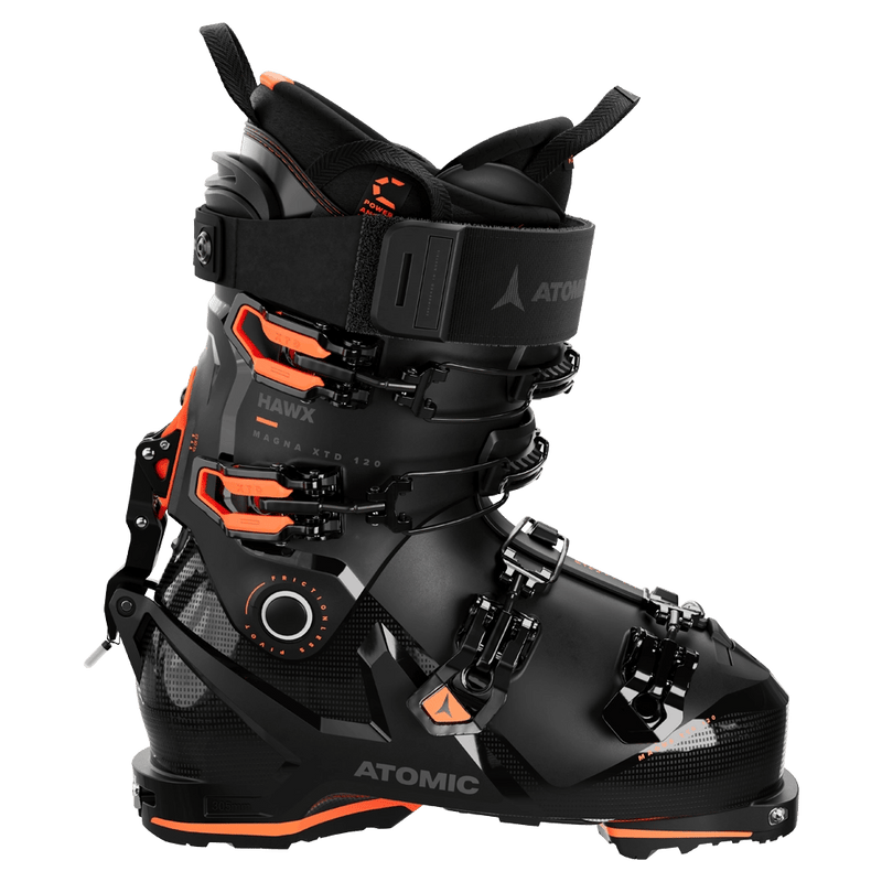 Side view of the Atomic Hawx Magna XTD 120 Ski Boots in Black Orange