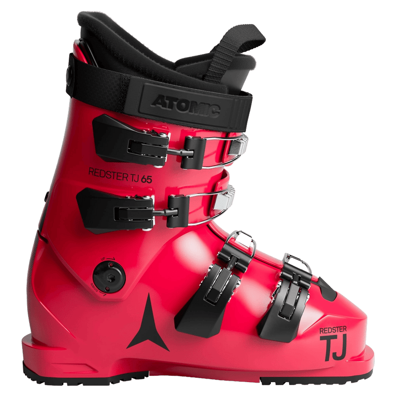 Side view of the Atomic Redster TJ 65 Ski Boots - Kids in Red Black