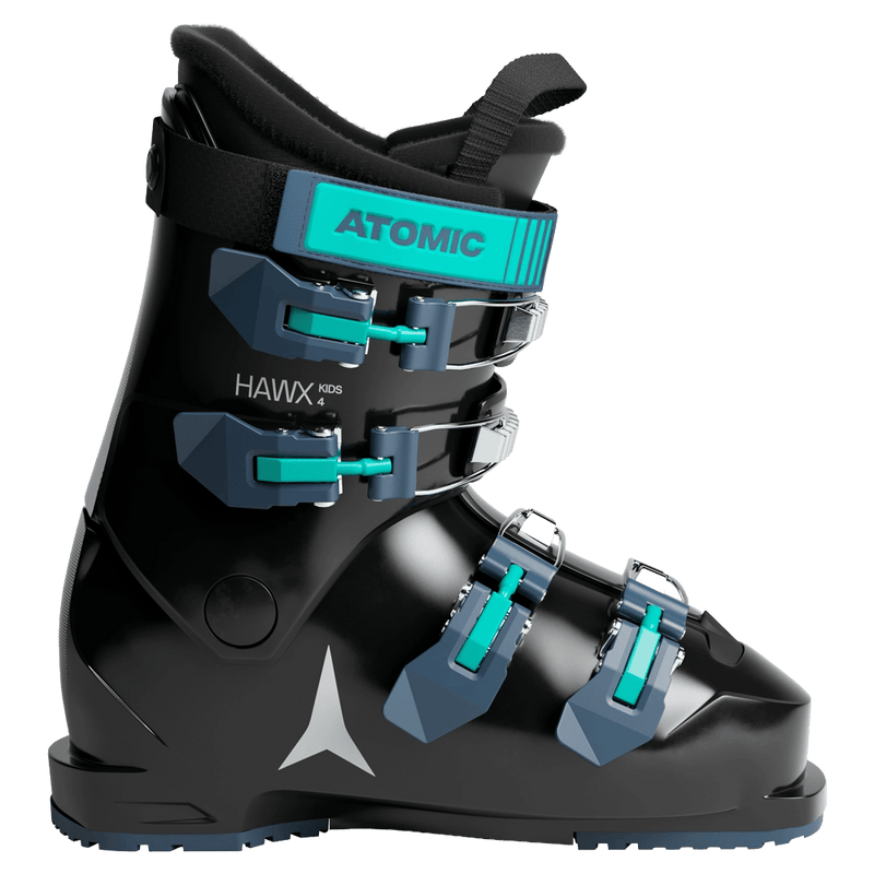 Side view of the Atomic Hawx 4 Ski Boots - Kids in Black-Aqua