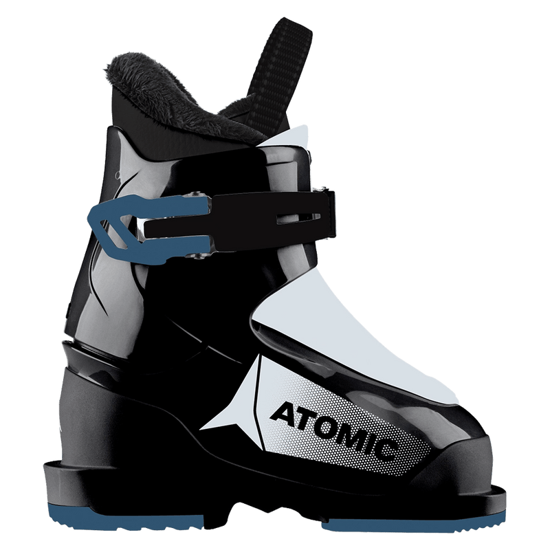 Side view of the Atomic Hawx 1 Ski Boots - Kids in Black Teal Blue
