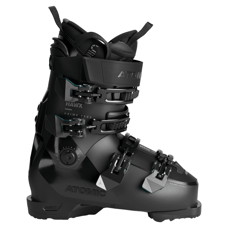 Side view of the Atomic Hawx Prime 120 S Ski Boots in Black Teal