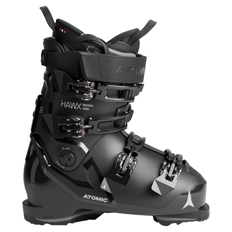 Side view of the Atomic Hawx Magna 105 S Ski Boots for women in Black Dust