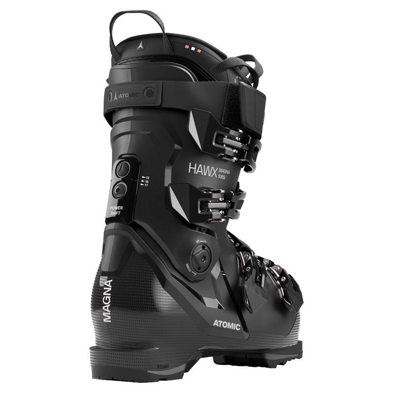 Rear view of the Atomic Hawx Magna 105 S Ski Boots for women in Black Dust