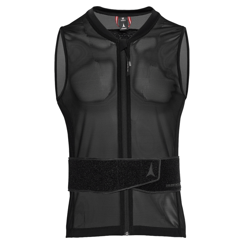 Black Atomic Live Shield AMID Lite Vest with breathable mesh, front zipper, and wide adjustable waist belt.