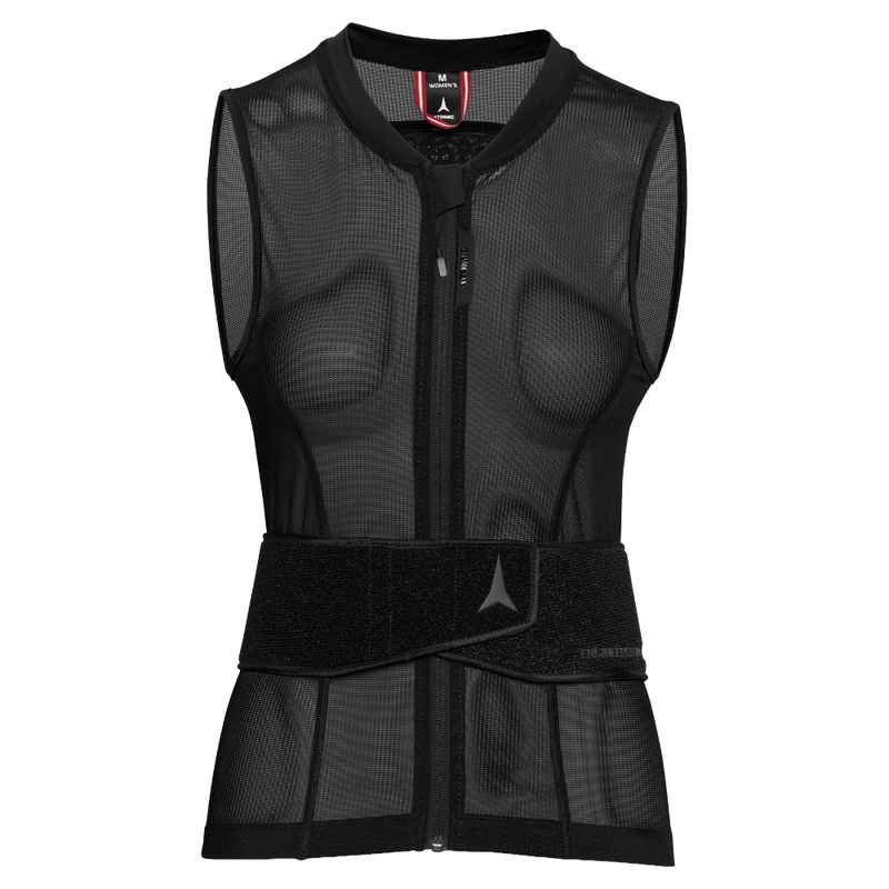 Black mesh Atomic Live Shield AMID Lite women's protection vest with front zipper and wide adjustable waist belt.
