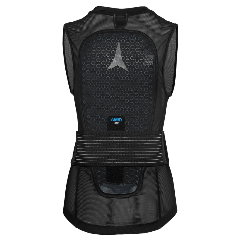 Back view of a black Atomic Live Shield AMID Lite women's protective vest with mesh fabric and honeycomb padding.