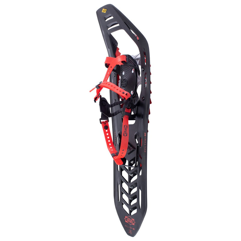 A single Atlas Hellium BC Snowshoe with a black composite frame, red plastic binding and aluminium traction rails.