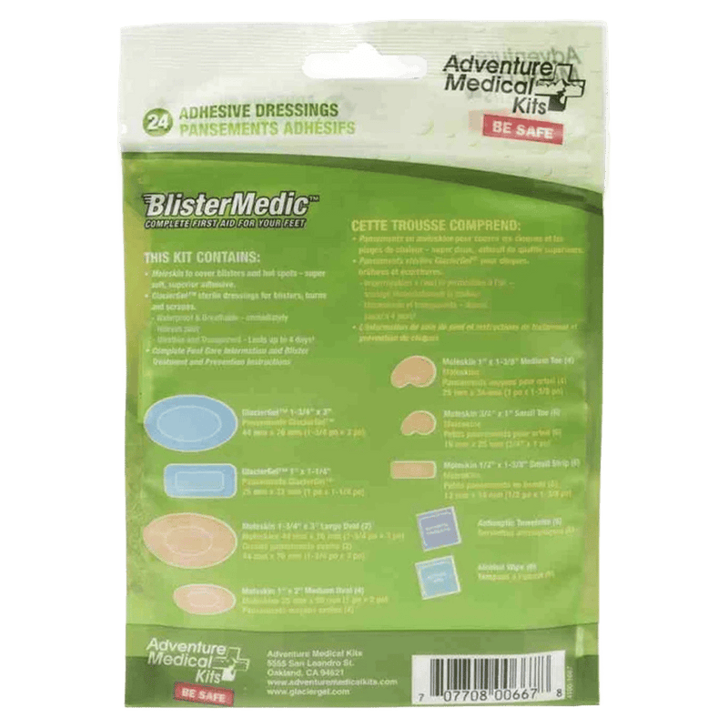 Back view of the Adventure Medical Blister Medical Kit package in green showing picture of  blister wraps. White and green information.