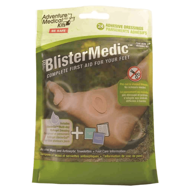 Front view of the Adventure Medical Blister Medical Kit package in green showing picture of foot with blister wraps. White and green information.