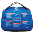 Back view of the Adventure Medical Kits Explorer First Aid Kit in Blue with black strap, white and orange informational writing