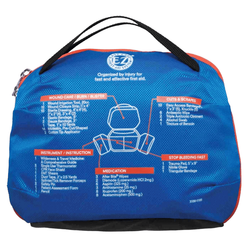 Back view of the Adventure Medical Kits Explorer First Aid Kit in Blue with black strap, white and orange informational writing