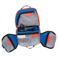 Open view of the Adventure Medical Kits Explorer First Aid Kit in Blue with black strap. Showing 4 zipper oraganised pouches labeling sections to find items quickly.