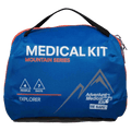 Front view of the Adventure Medical Kits Explorer First Aid Kit in Blue with black strap, white and orange writing and mountain logo
