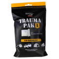 Front View of the Adventure Medical Kits Trauma Pak 1 in black whoing images of car, tent, quad bike, hammer, saw and trauma dressing.