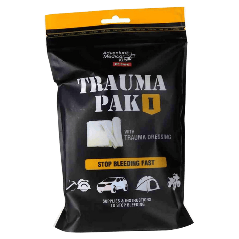 Front View of the Adventure Medical Kits Trauma Pak 1 in black whoing images of car, tent, quad bike, hammer, saw and trauma dressing.