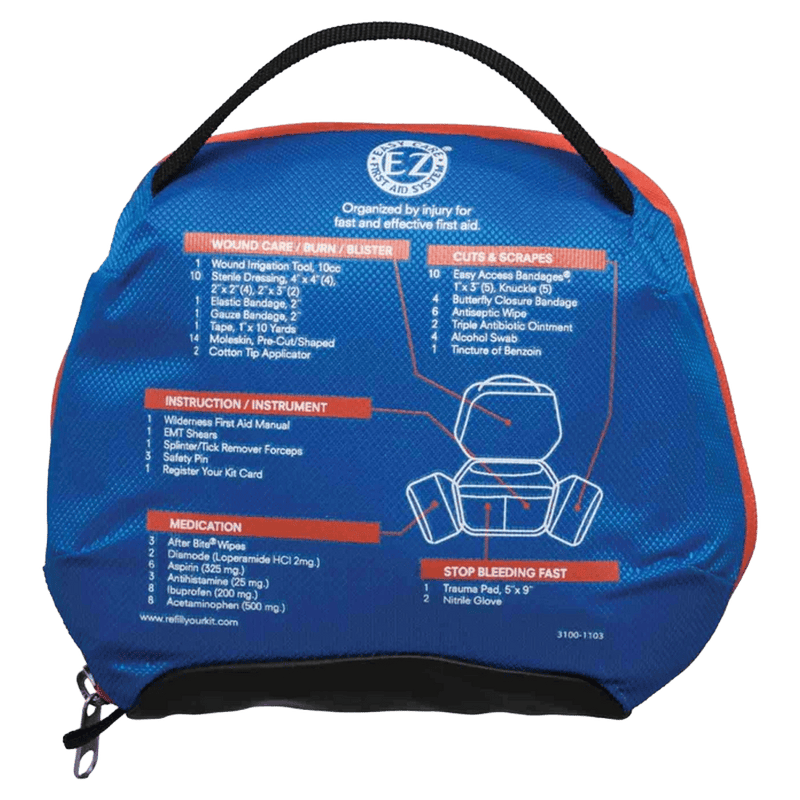 Back view of the Adventure Medical Backpacker Kit Case in blue with white informational writing and diagrams black strap handle.
