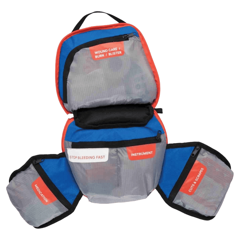 Adventure Medical Backpacker Kit Case open into 4 zippered and labeled sections,  black strap handle.