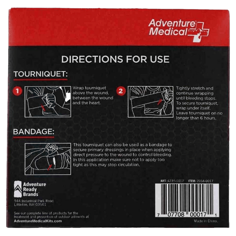 Back view of the Adventure Medical Tourniquet pouch in black and red with white informational writing.