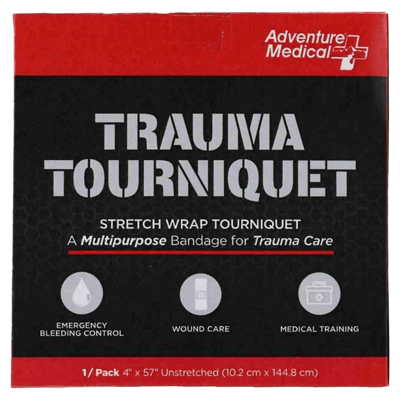Front view of the Adventure Medical Tourniquet pouch in black and red with white writing.