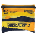 Front view of the Adventure Medical Kits Ultralight First Aid Kit .5 izipper pouch in yellow and blue with blue writing, Images of tent, paddle, hiking boot and bicycle.