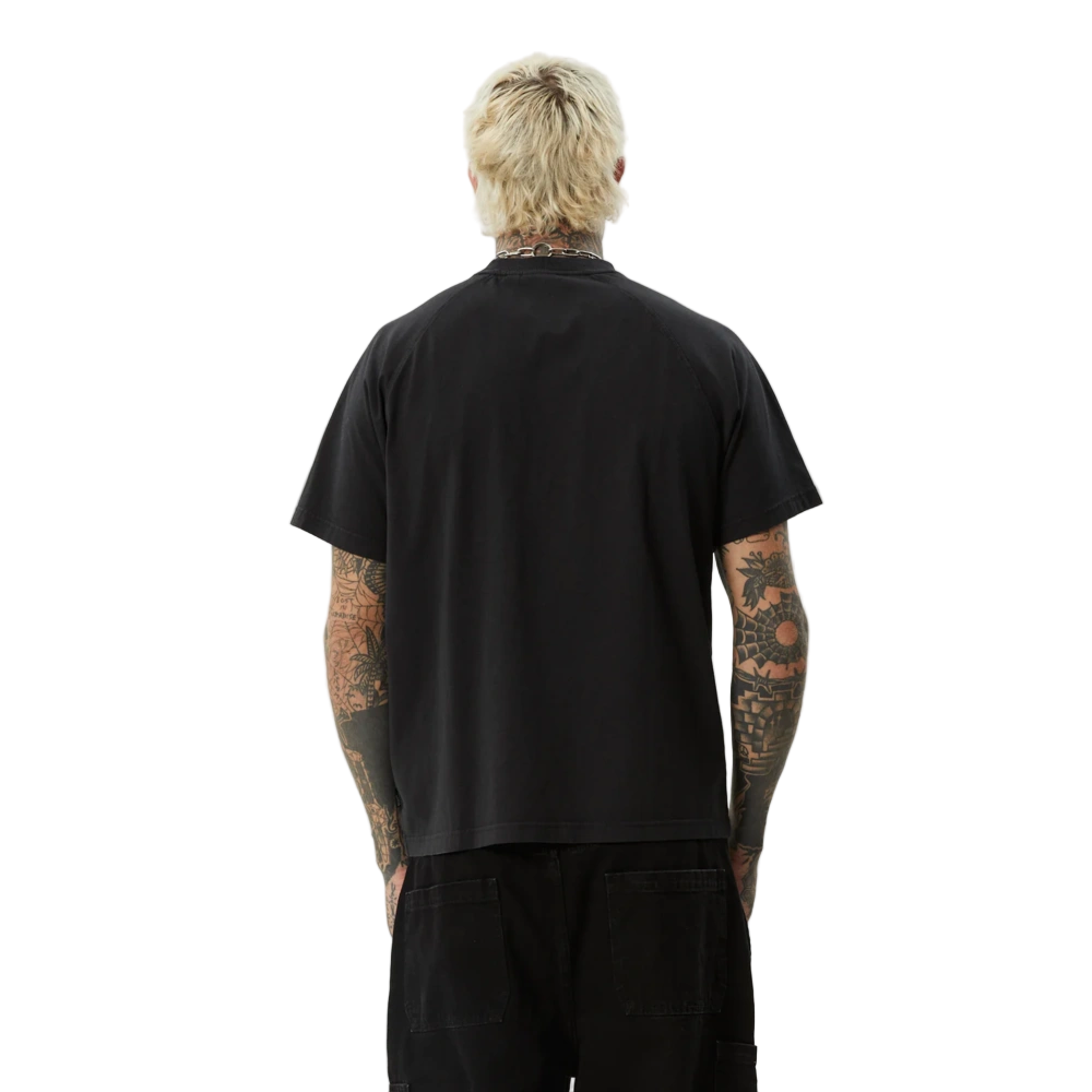 Back view of Afends Bats Recycled Raglan Boxy Fit Tee in stone black
