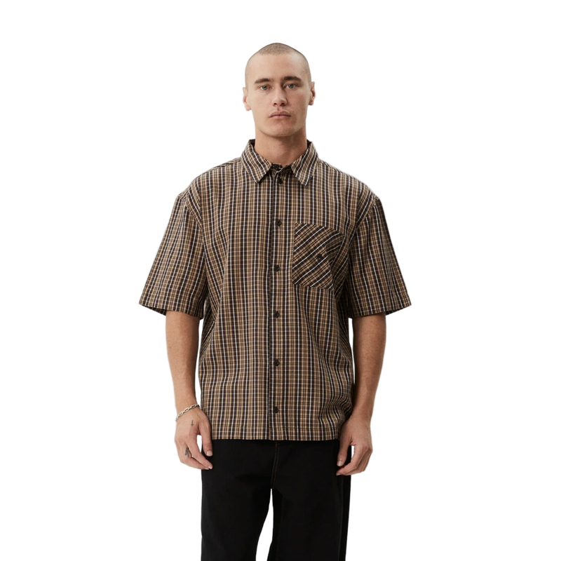 Men wearing Afends Hometown Short Sleeve Shirt in coffee colorway