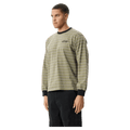 Side view of Afends Altitude Recycled Boxy Long Sleeve Tee in colour Stone Stripe.