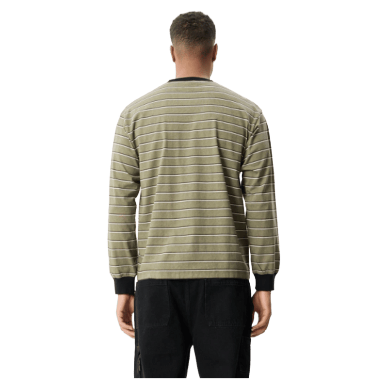Back view of Afends Altitude Recycled Boxy Long Sleeve Tee in colour Stone Stripe.