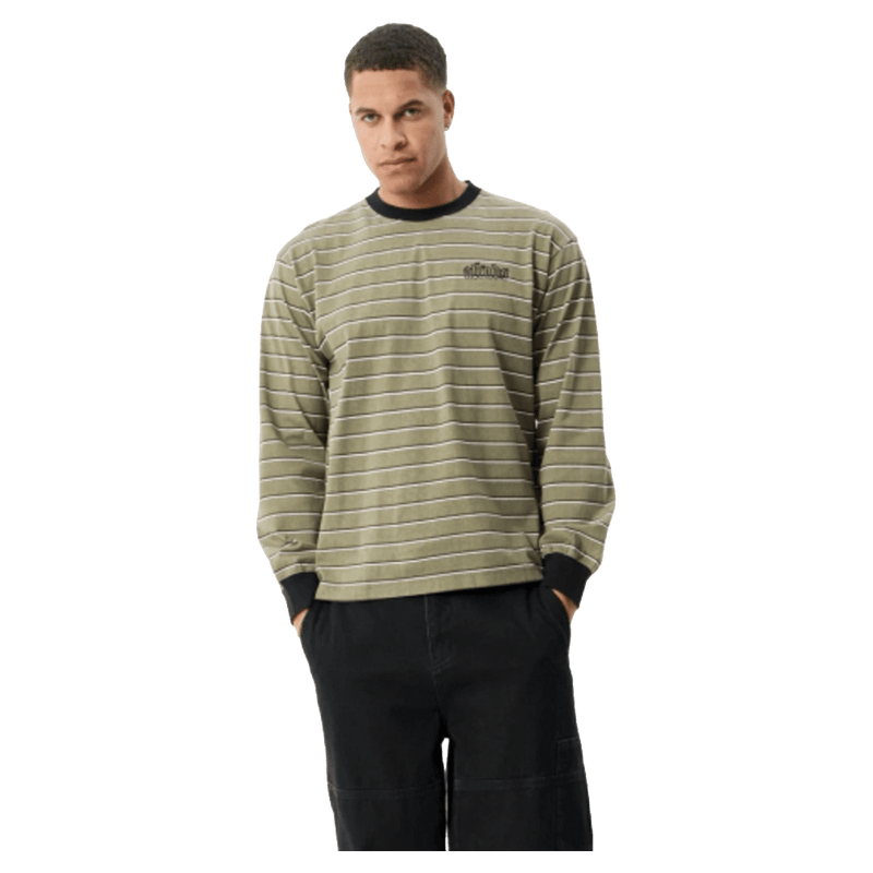 Front view of Afends Altitude Recycled Boxy Long Sleeve Tee in colour Stone Stripe.
