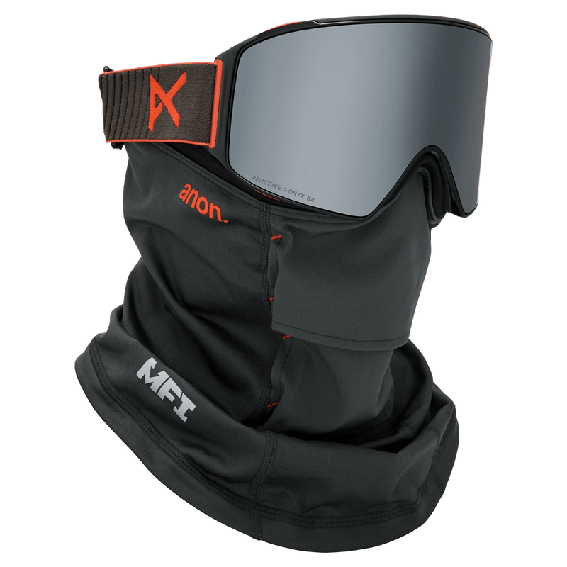 Face mask view of the Anon M4 Cylindrical Goggles in Fiesta Red, Perceive Sunny Onyx lens, unisex model