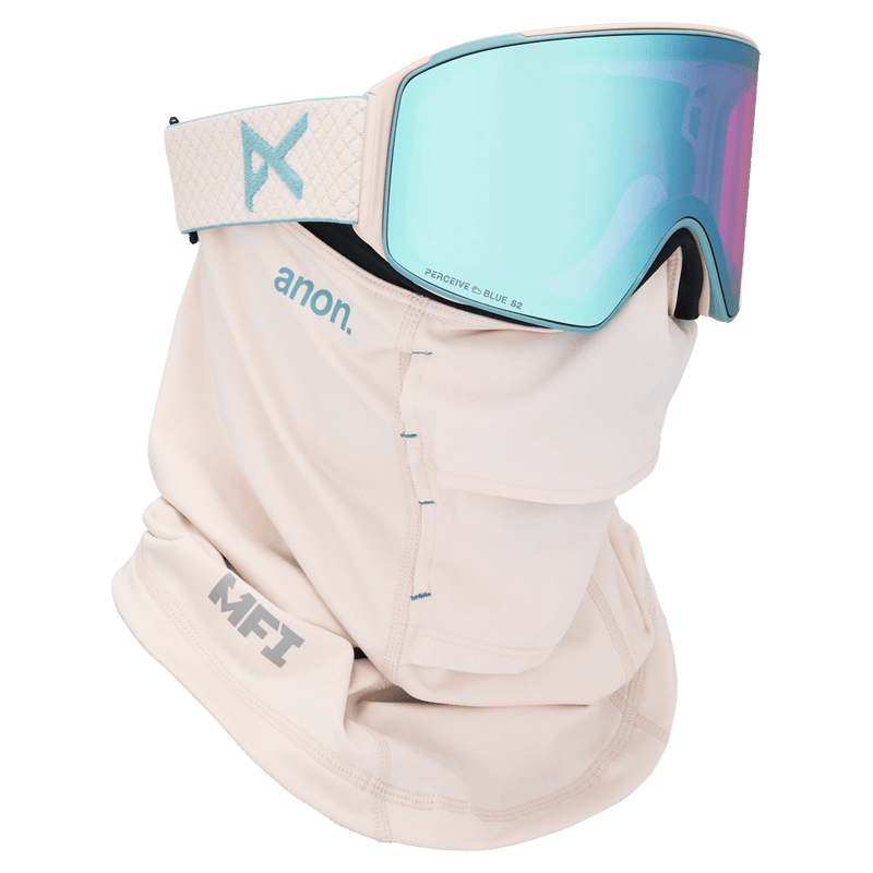 Face mask view of the Anon M4 Cylindrical Goggles in Oat, Perceive Variable Blue lens, unisex model