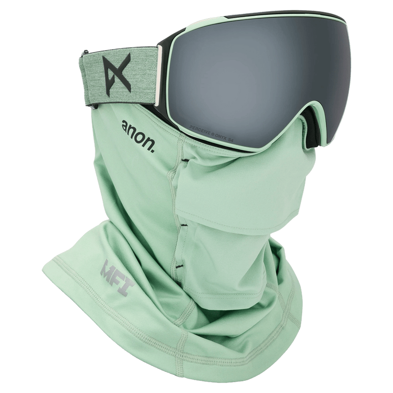 Face mask view of the Anon M4 Toric Goggles in Soft Sage, Perceive Sunny Onyx lens, unisex model