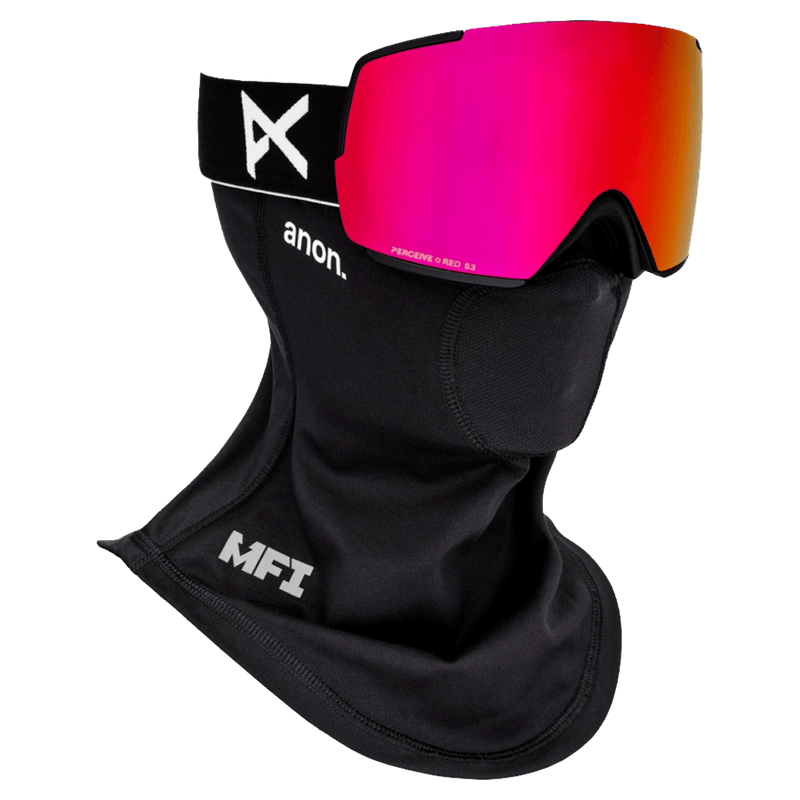 Face mask view of the Anon M5S Toric Low Bridge Goggles in Black, Perceive Sunny Red lens, unisex model