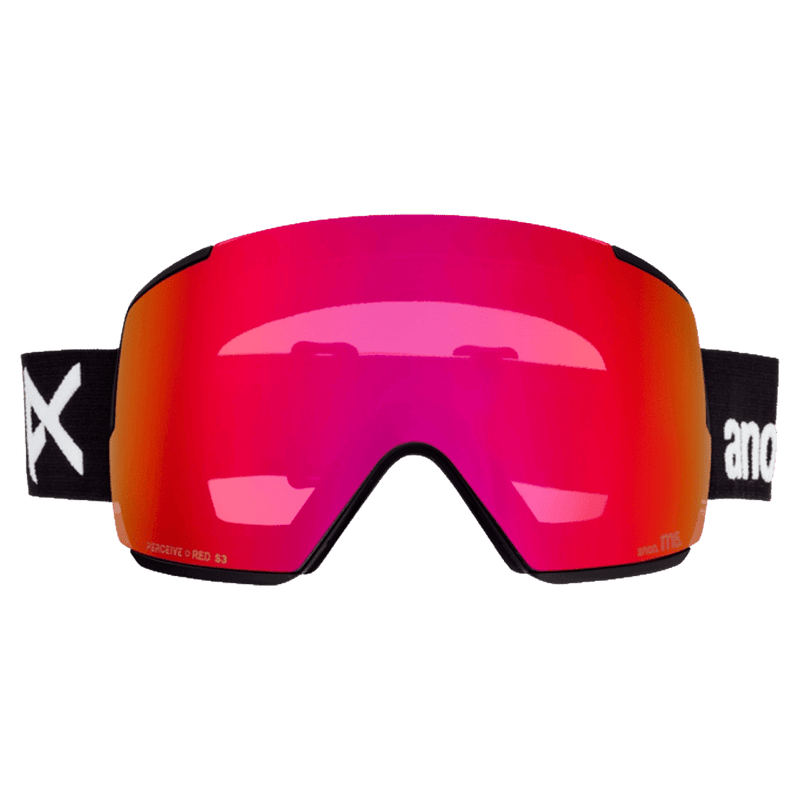 Front view of the Anon M5 Toric Goggles in Black, Perceive Sunny Red lens, unisex model
