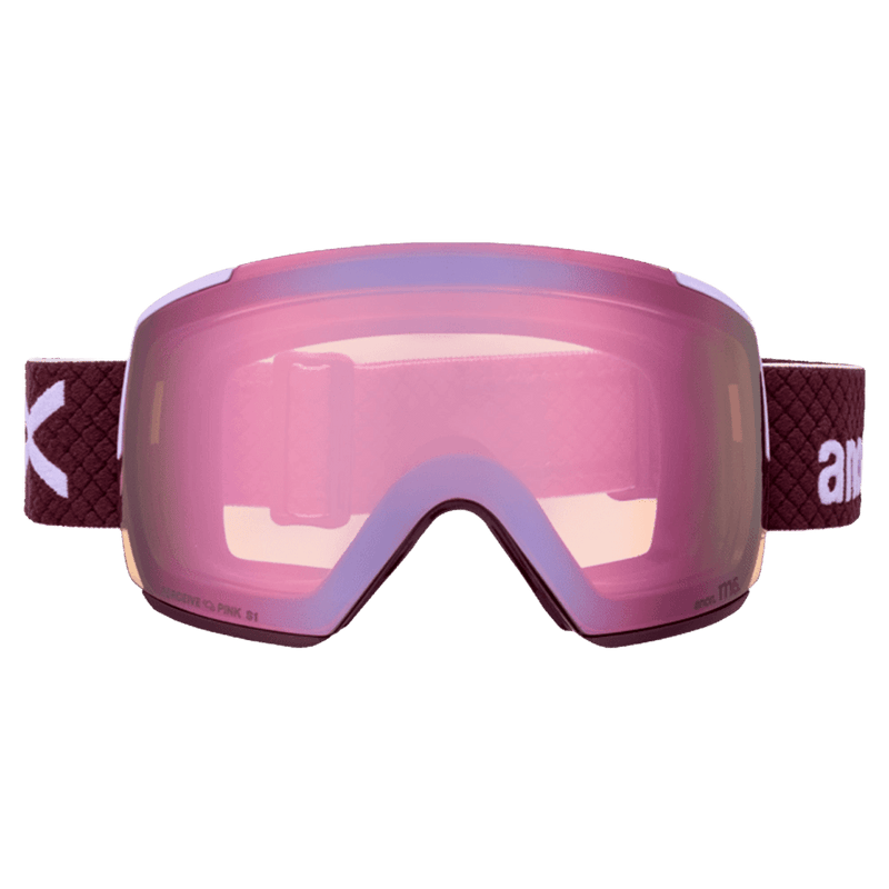 Front view of the Anon M5 Toric Goggles in Deep Cherry, Perceive Cloudy Pink lens, unisex model