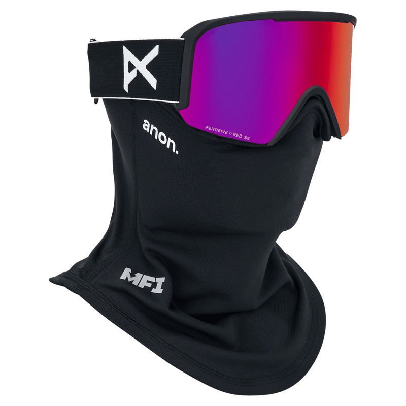 Face mask view of the Anon Nesa Goggles in Black, Perceive Sunny Red lens, unisex model