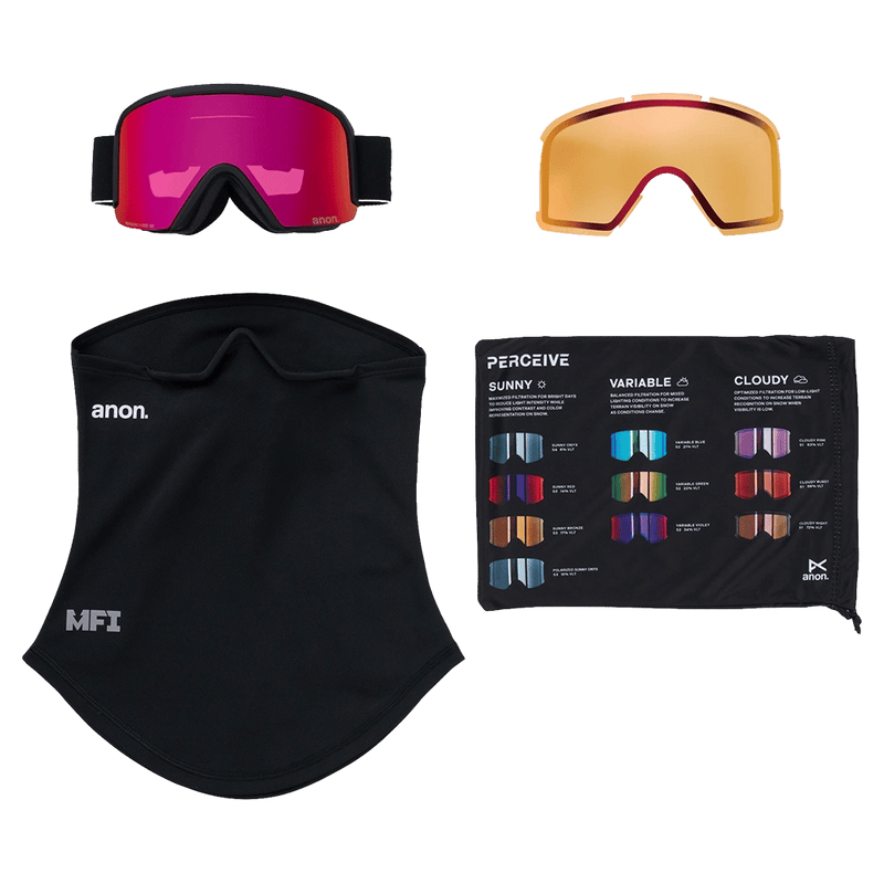 Accessories view of the Anon Nesa Goggles in Black, Perceive Sunny Red lens, unisex model